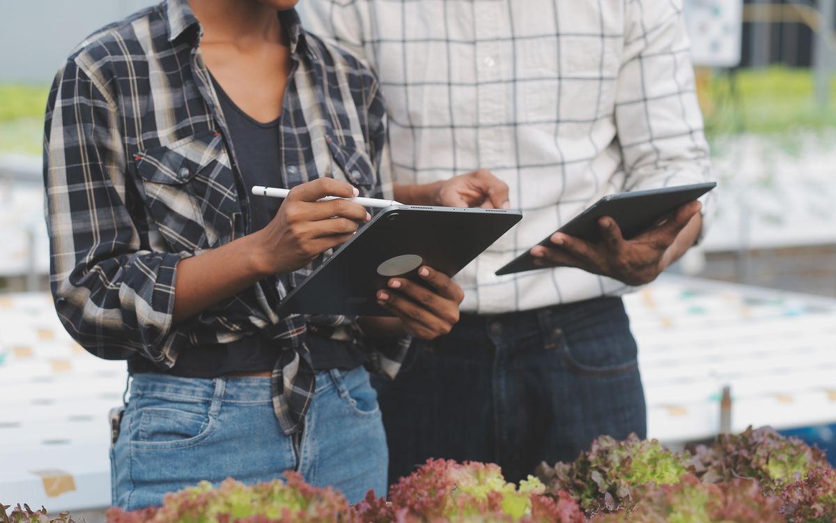 Two people examining heat ducting in a greenhouse while one takes notes on a clipboard